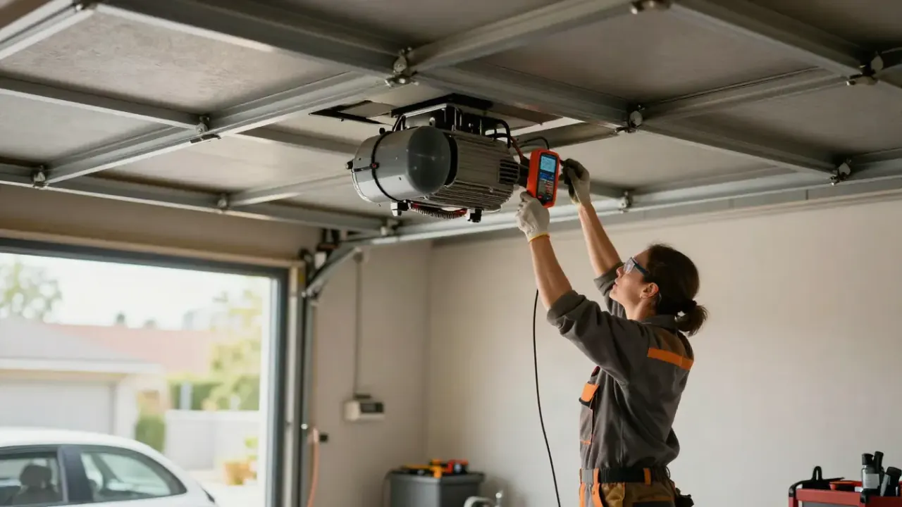 Illustrative image: technician servicing a garage door opener