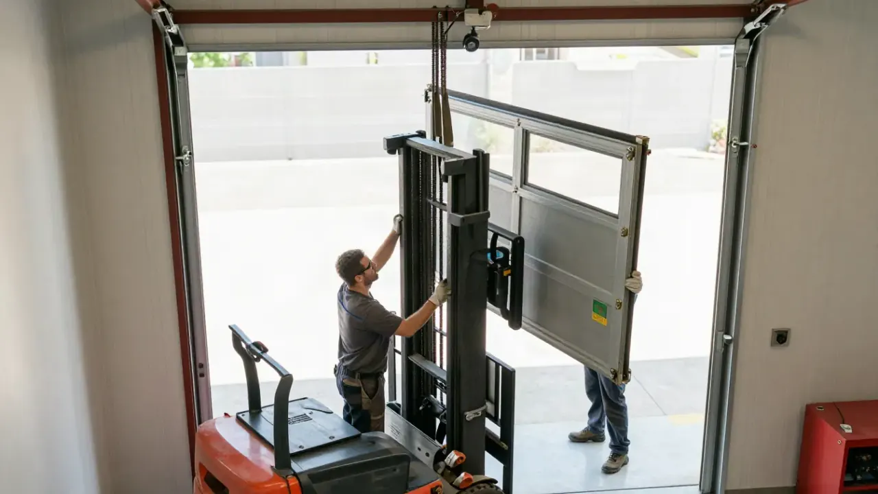 Illustrative image: technicians installing a garage door
