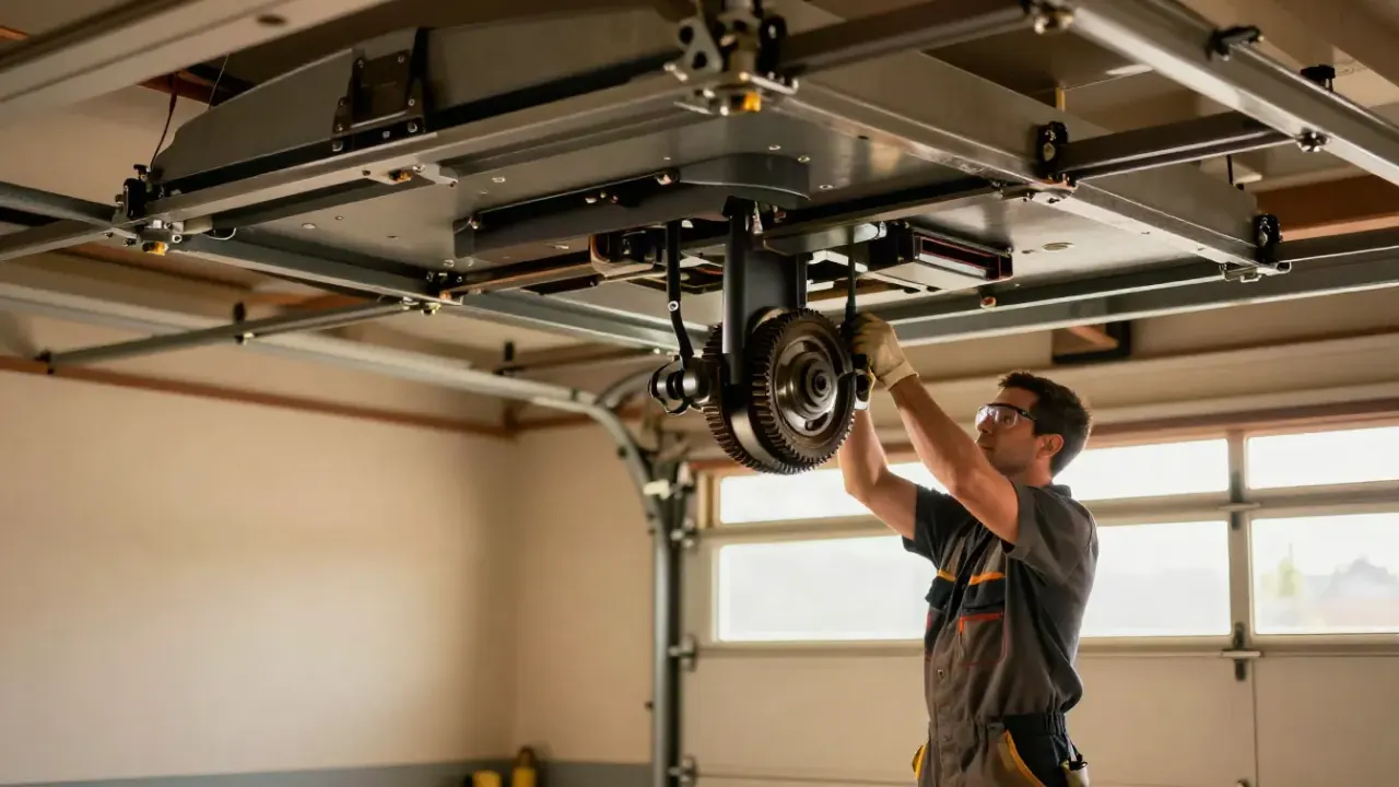 Illustrative image: technician checking a garage door opener