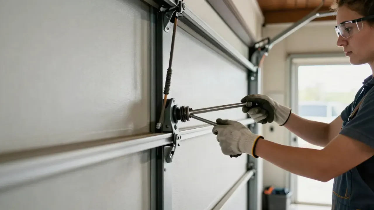 Illustrative image: technician working on garage door tracks and hardware