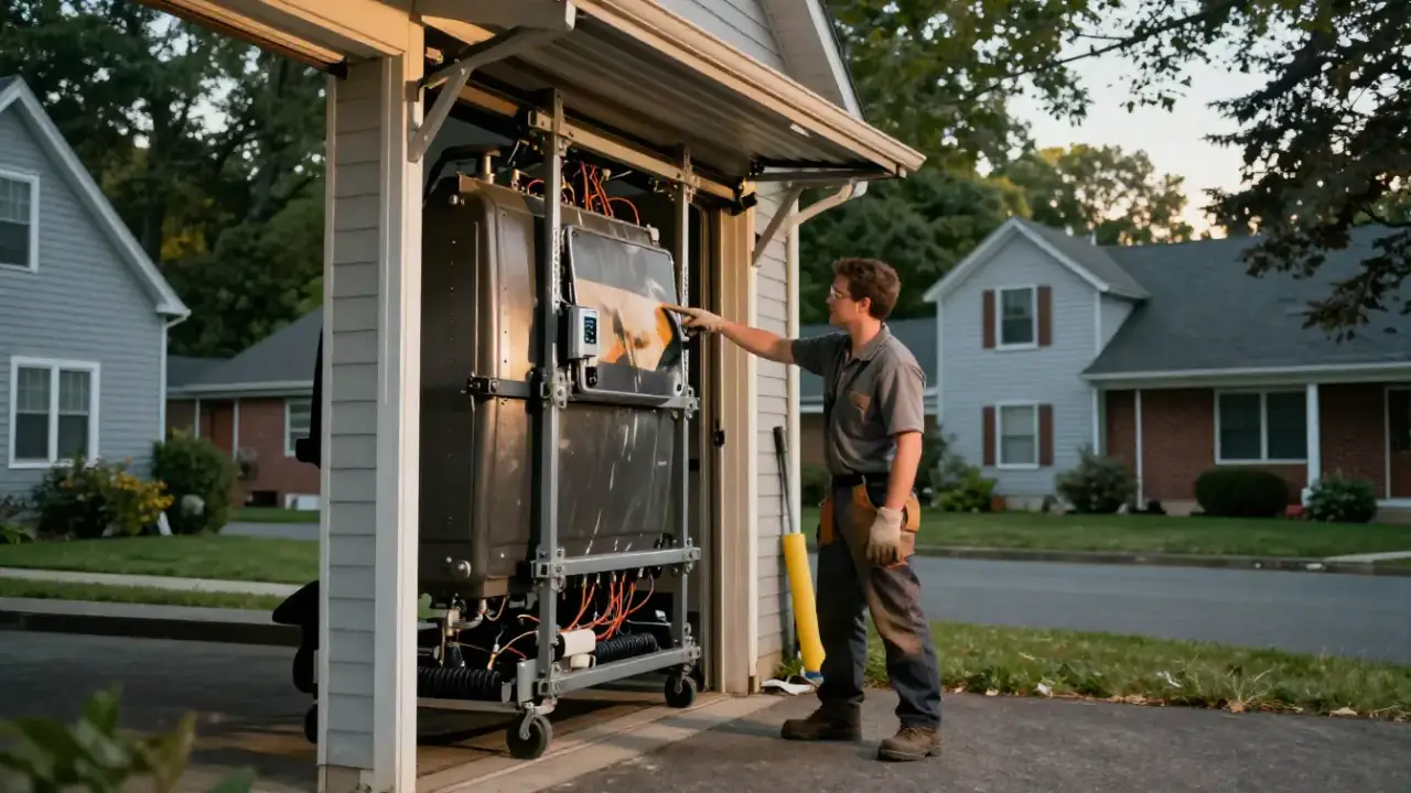 Illustrative image: service technician at a residential garage