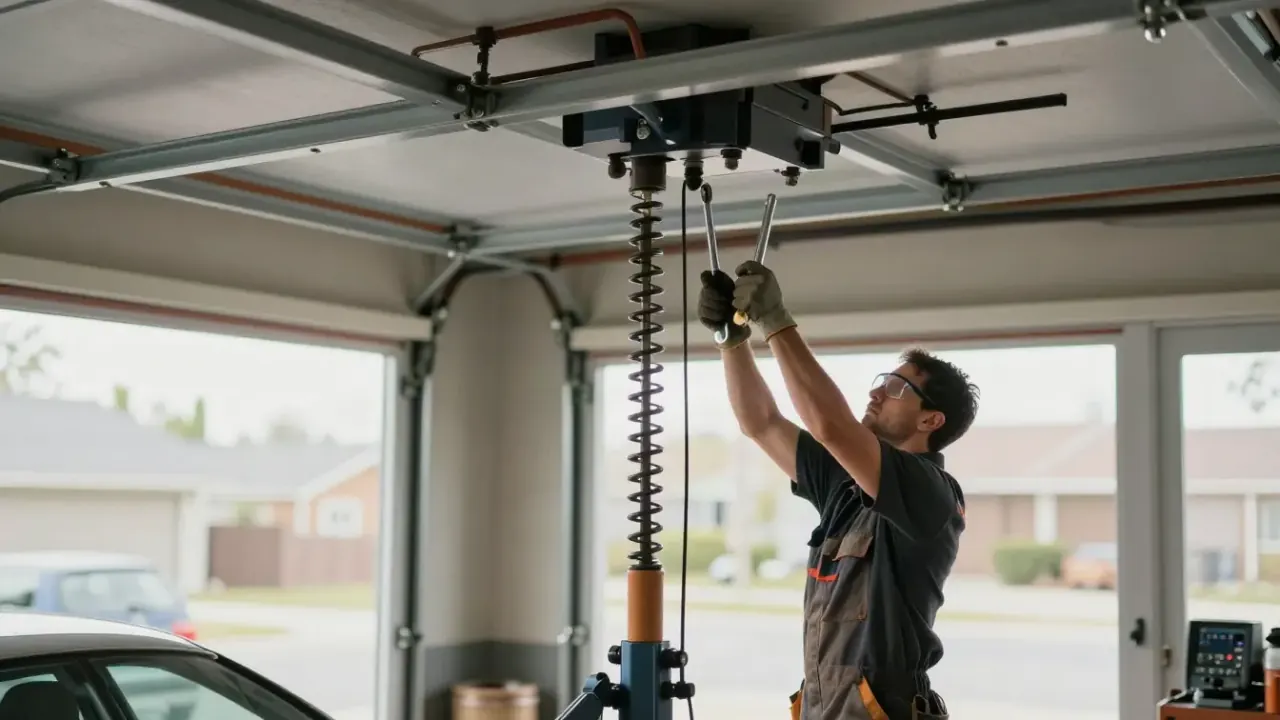 Illustrative image: technician adjusting garage door balance