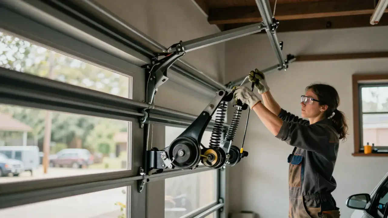 Illustrative image: technician working on a garage door spring system