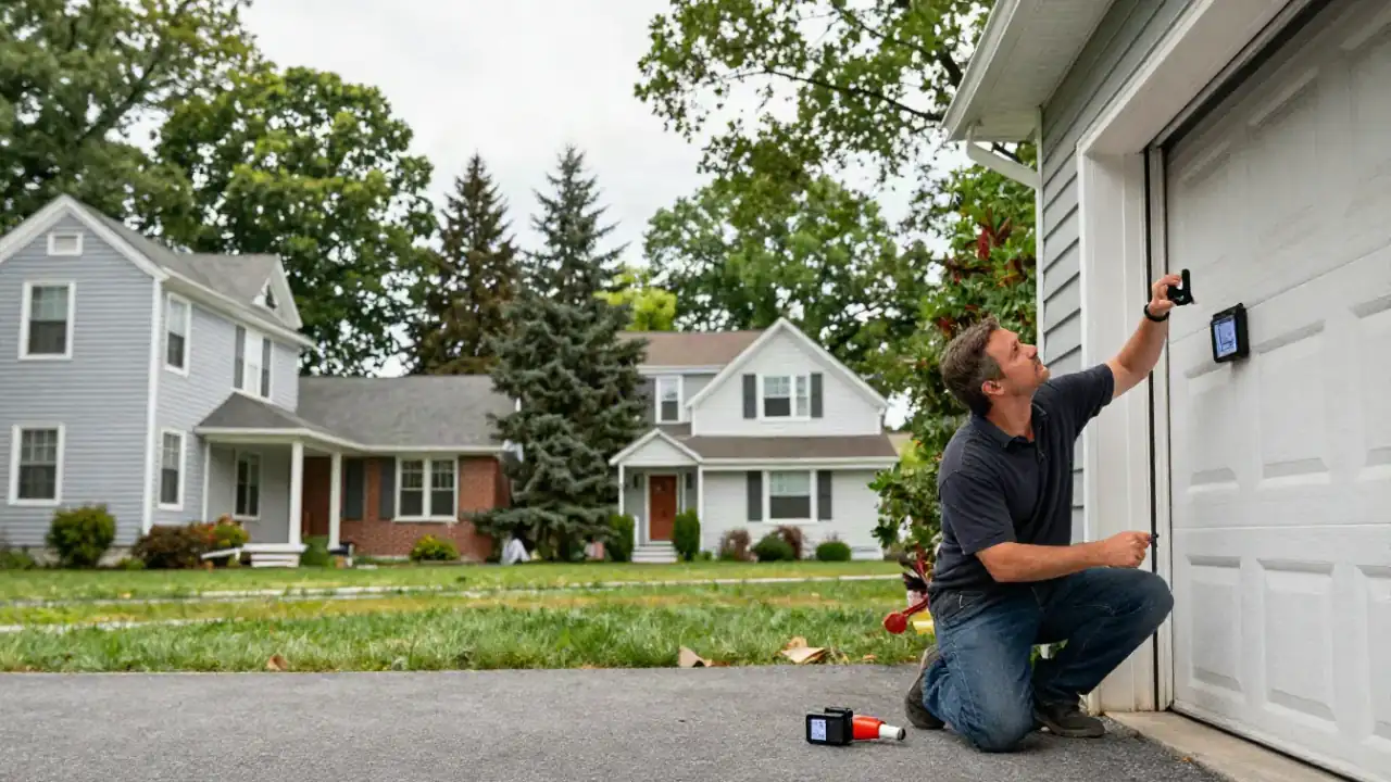 Illustrative image: technician checking a garage door sensor